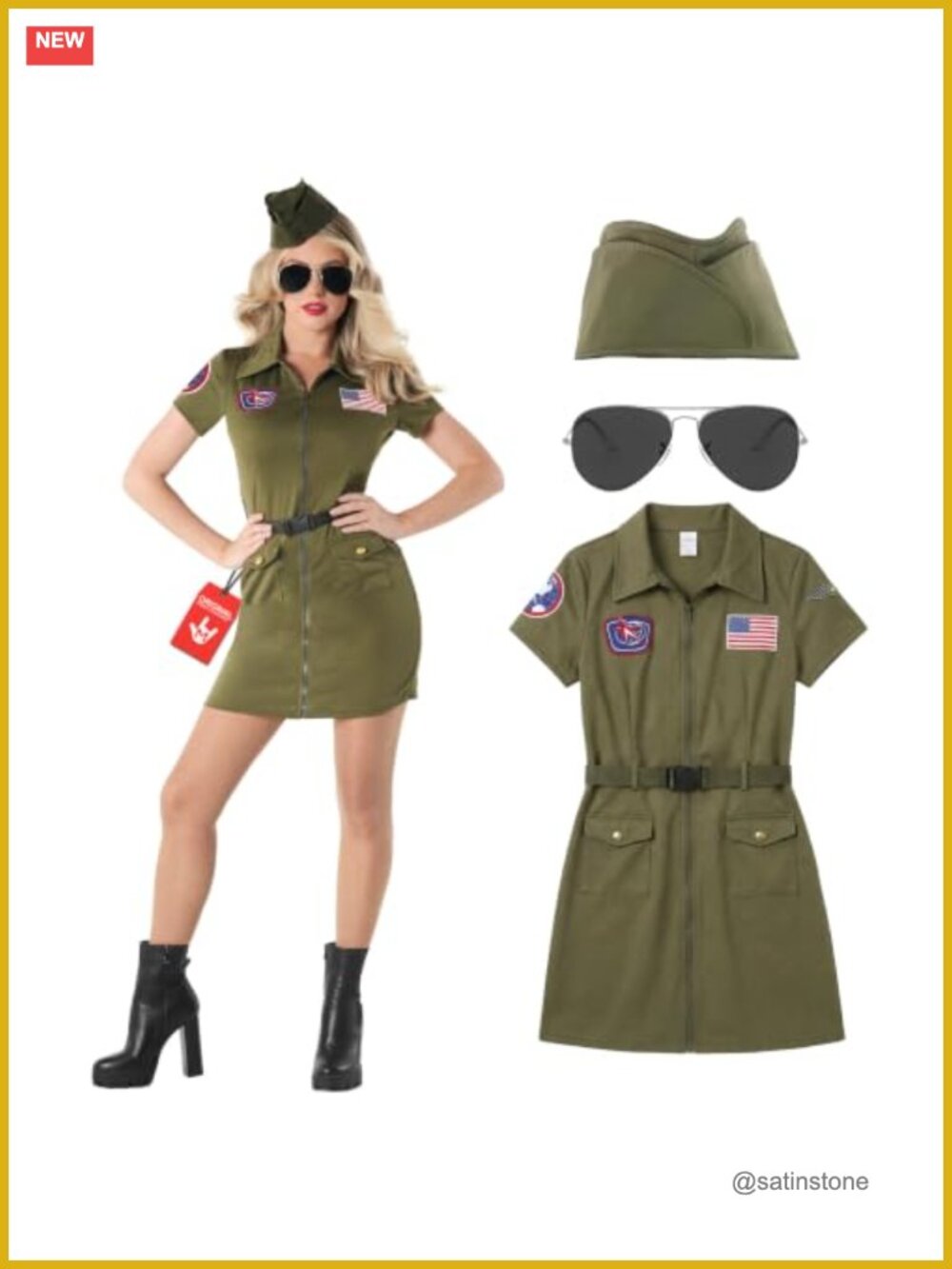 Fighter Pilot Costume Women Khaki Dress Hat Belt Sunglasses Adult